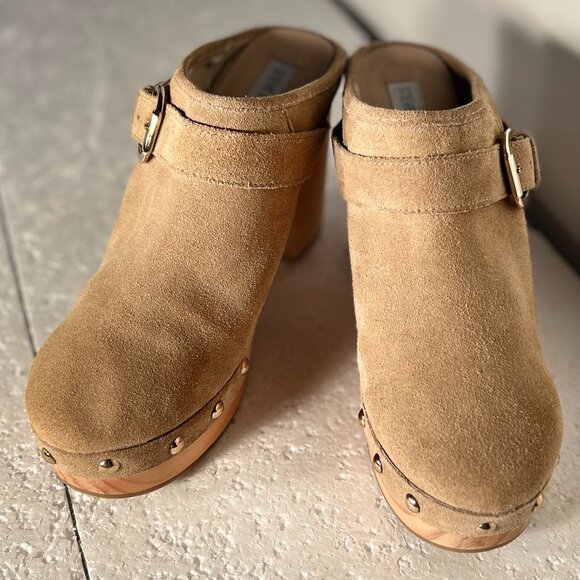 Steve Madden NWOT SZ 10 Hilde Tan Suede Leather Wood Heeled Clog 70's Boho Retro - Picture 5 of 11